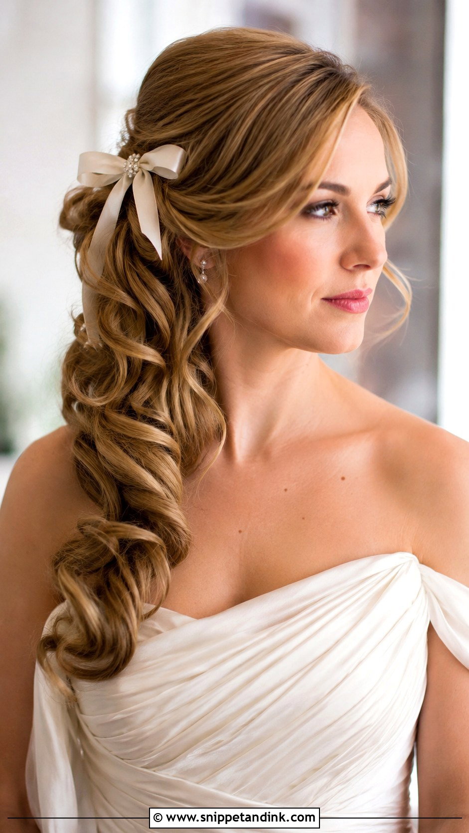Side Swept Half Up With Bow - Snippet and Ink - 20 Half-Up Half-Down Wedding Hair with Bow Ideas