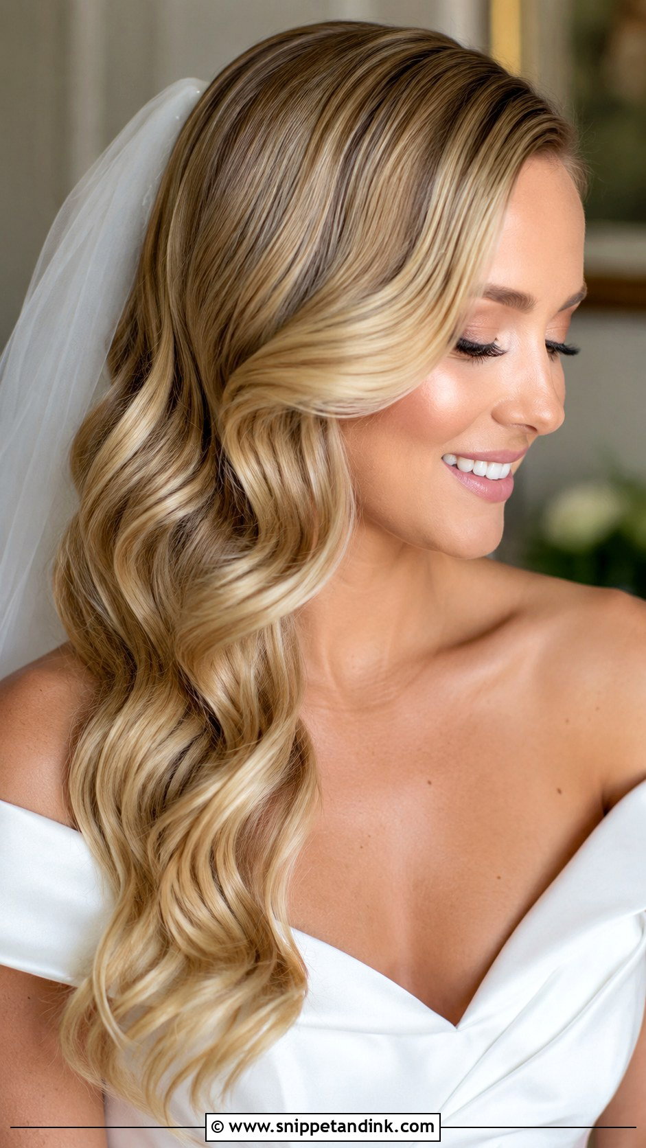 Side Swept Hollywood Waves With Chapel Veil - Snippet and Ink - 30 Hollywood Waves with Veil