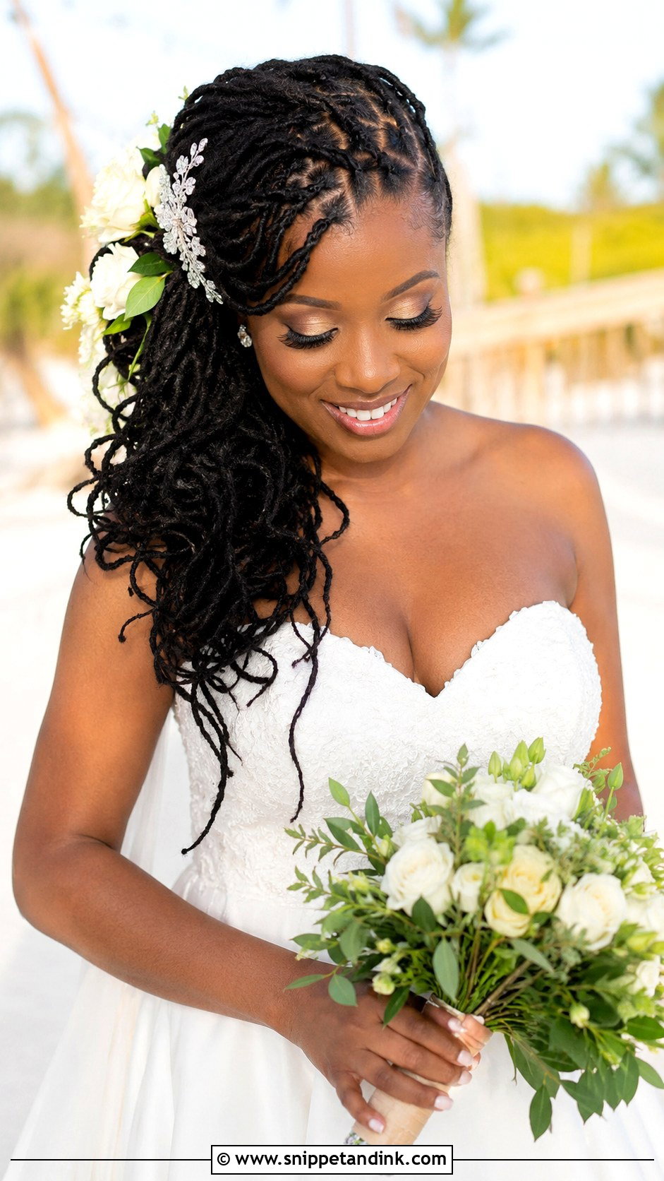 Side Swept Locs for Black Brides - Snippet and Ink - 25 Black Hair Bride Hairstyles