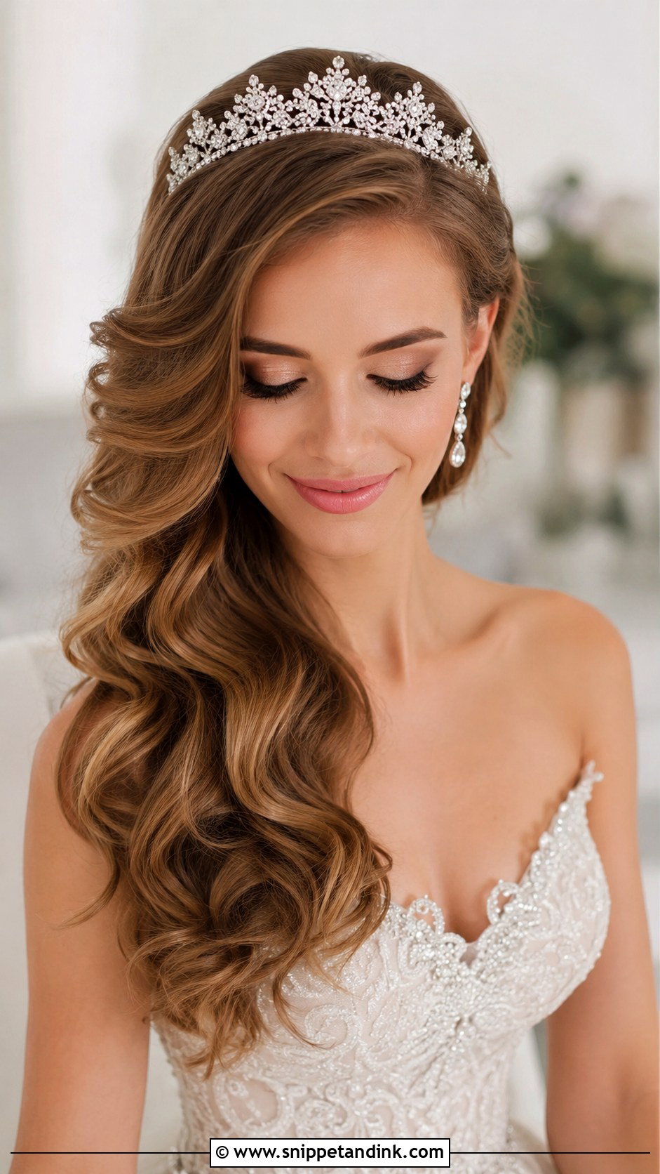 Side Swept Loose Waves With Tiara - Snippet and Ink - 30 Side Wedding Hairstyles