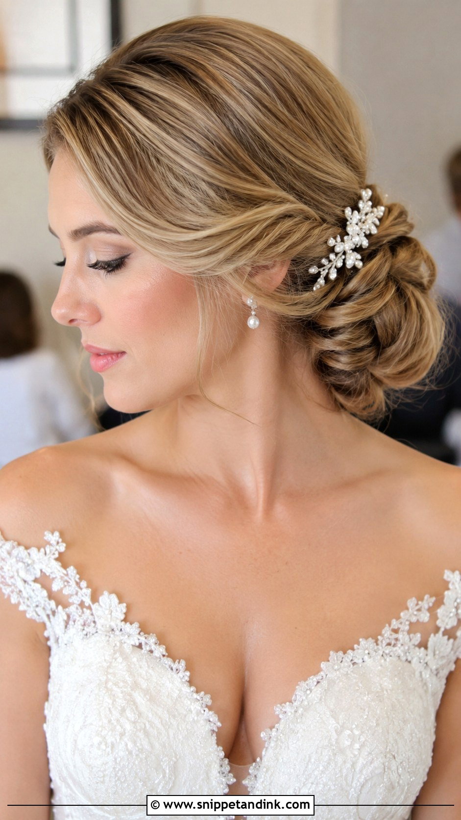 Side Swept Low Chignon - Snippet and Ink - 25 Side Sweep Wedding Hair Ideas