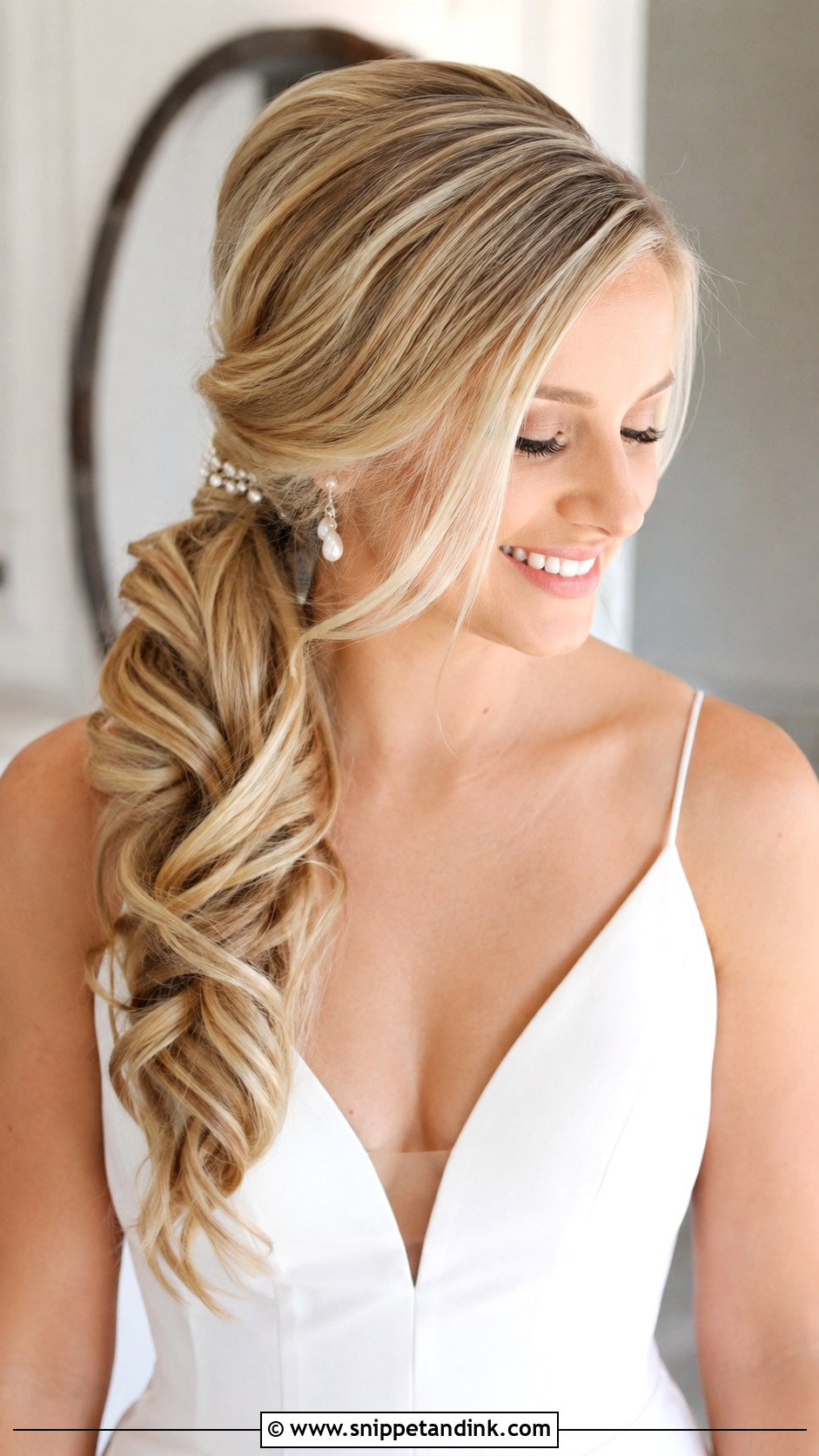 Side Swept Low Ponytail - Snippet and Ink - 20 Bridal Hair Side Swept Ideas