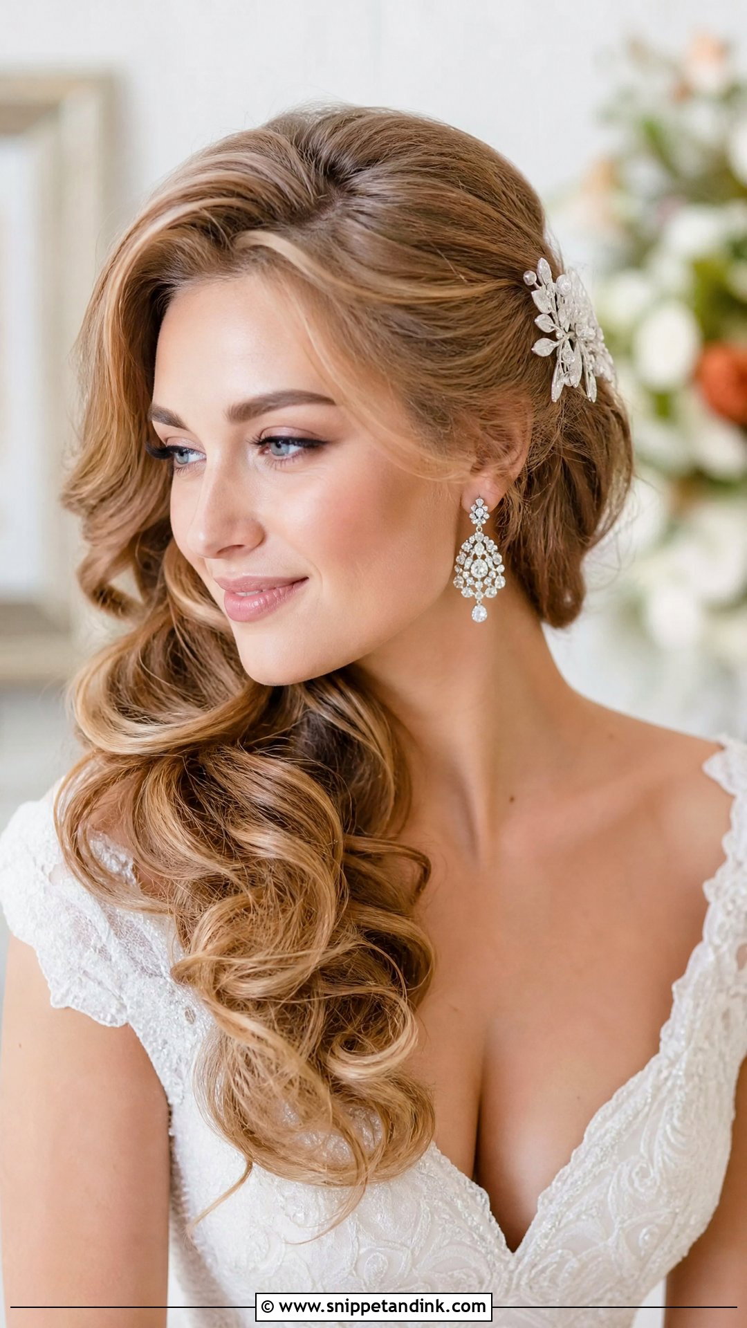 Side Swept Open Hair Wedding Style - Snippet and Ink - 20 Open Hair Bridal Hairstyles
