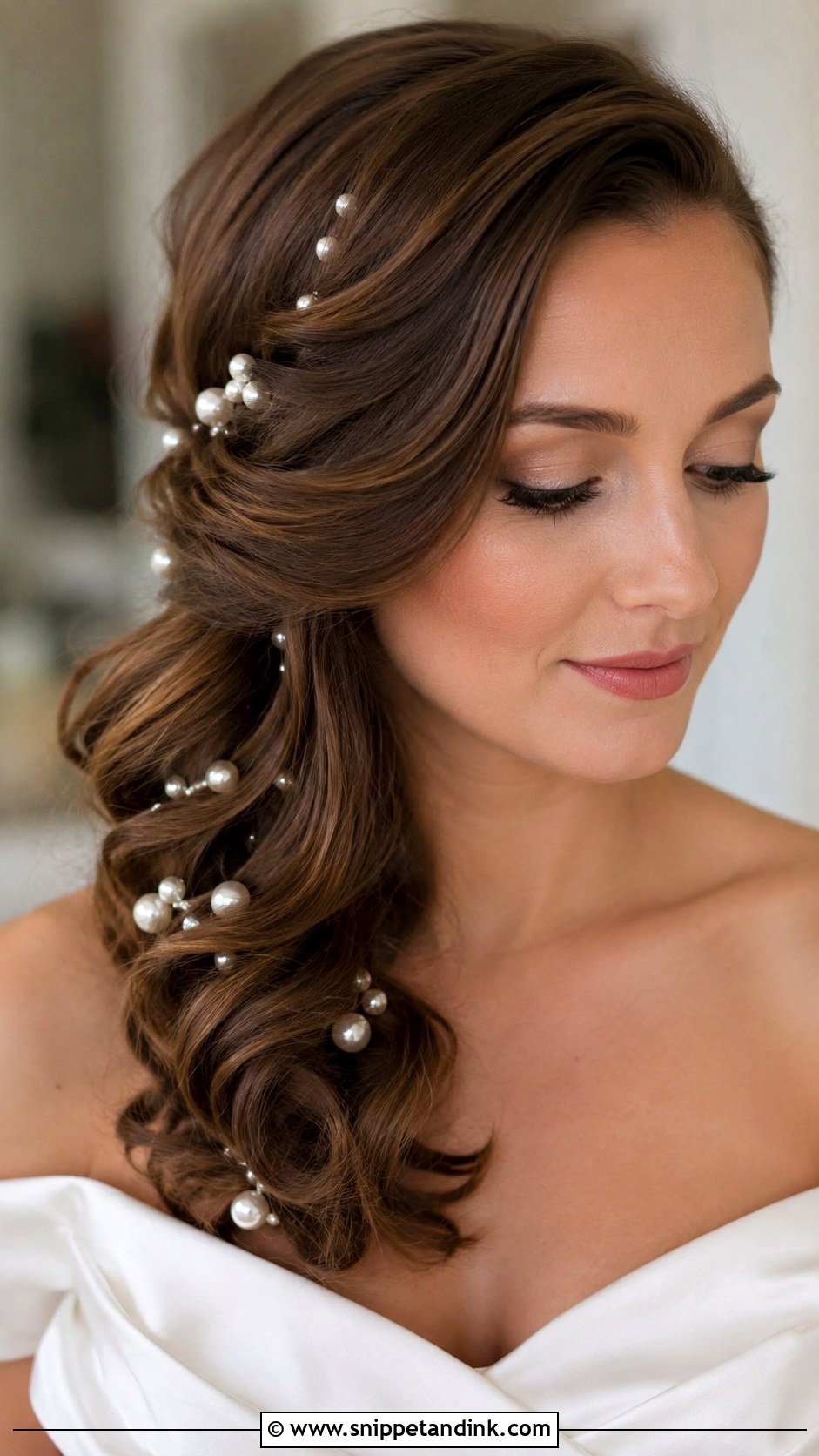 Side Swept Pearl Accented Style - Snippet and Ink - 25 Side Swept Wedding Hair Ideas