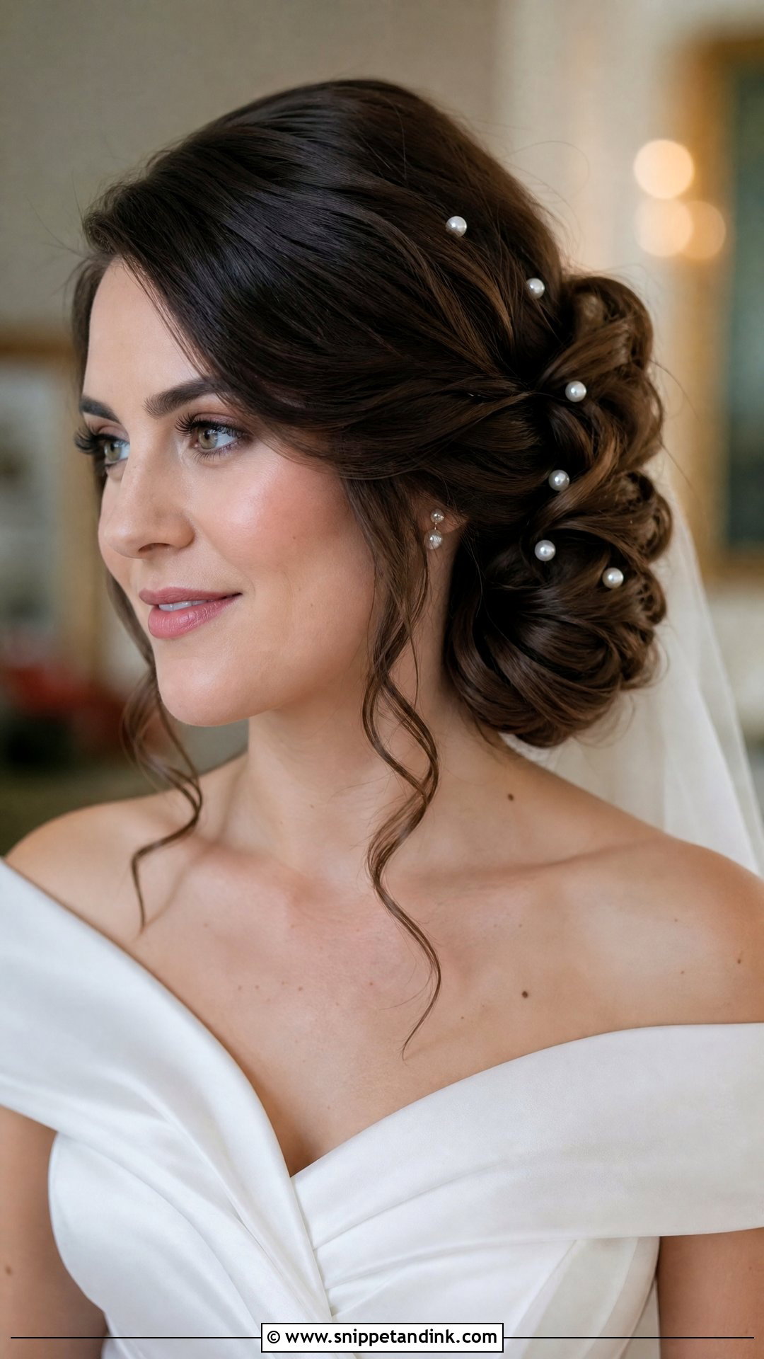 Side Swept Pearl Pin Wedding Updo - Snippet and Ink - 20 Sideswept Wedding Hair Ideas