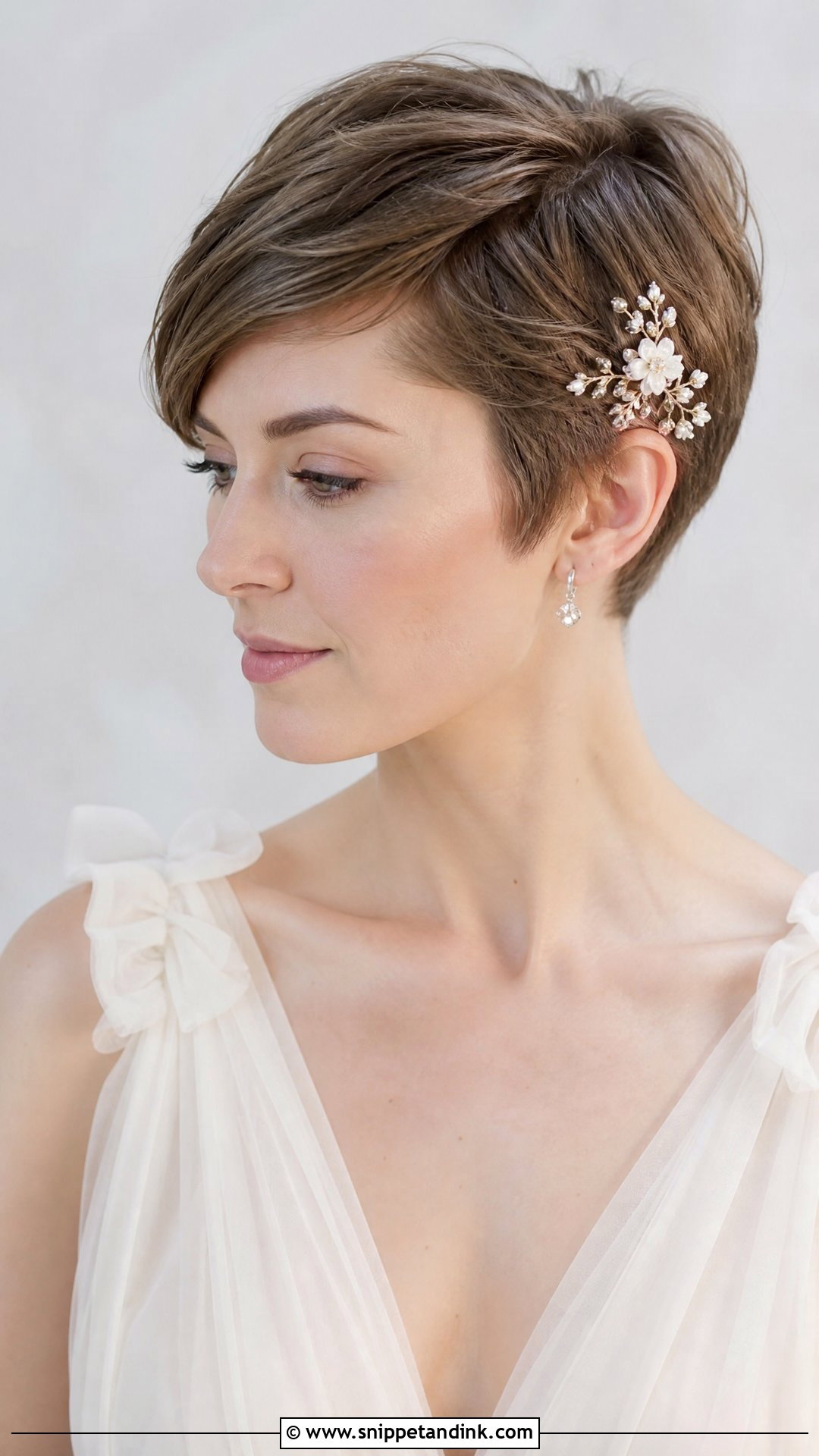 Side Swept Pixie With Floral Pin - Snippet and Ink - 20 Short Hair Bridal Styles