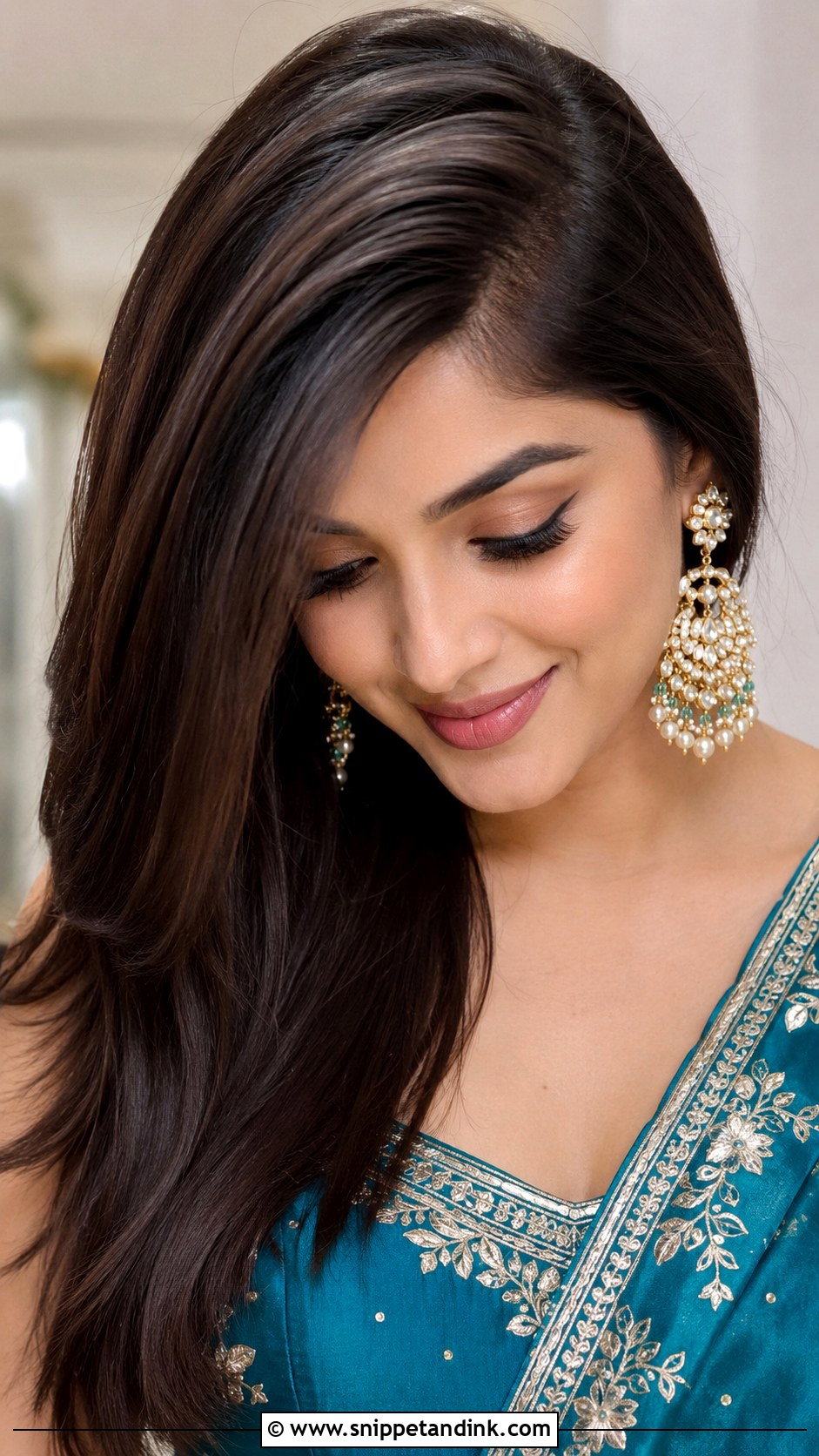 Side Swept Straight Hair With Deep Part - Snippet and Ink - 30 Straight Open Hairstyles Indian Wedding