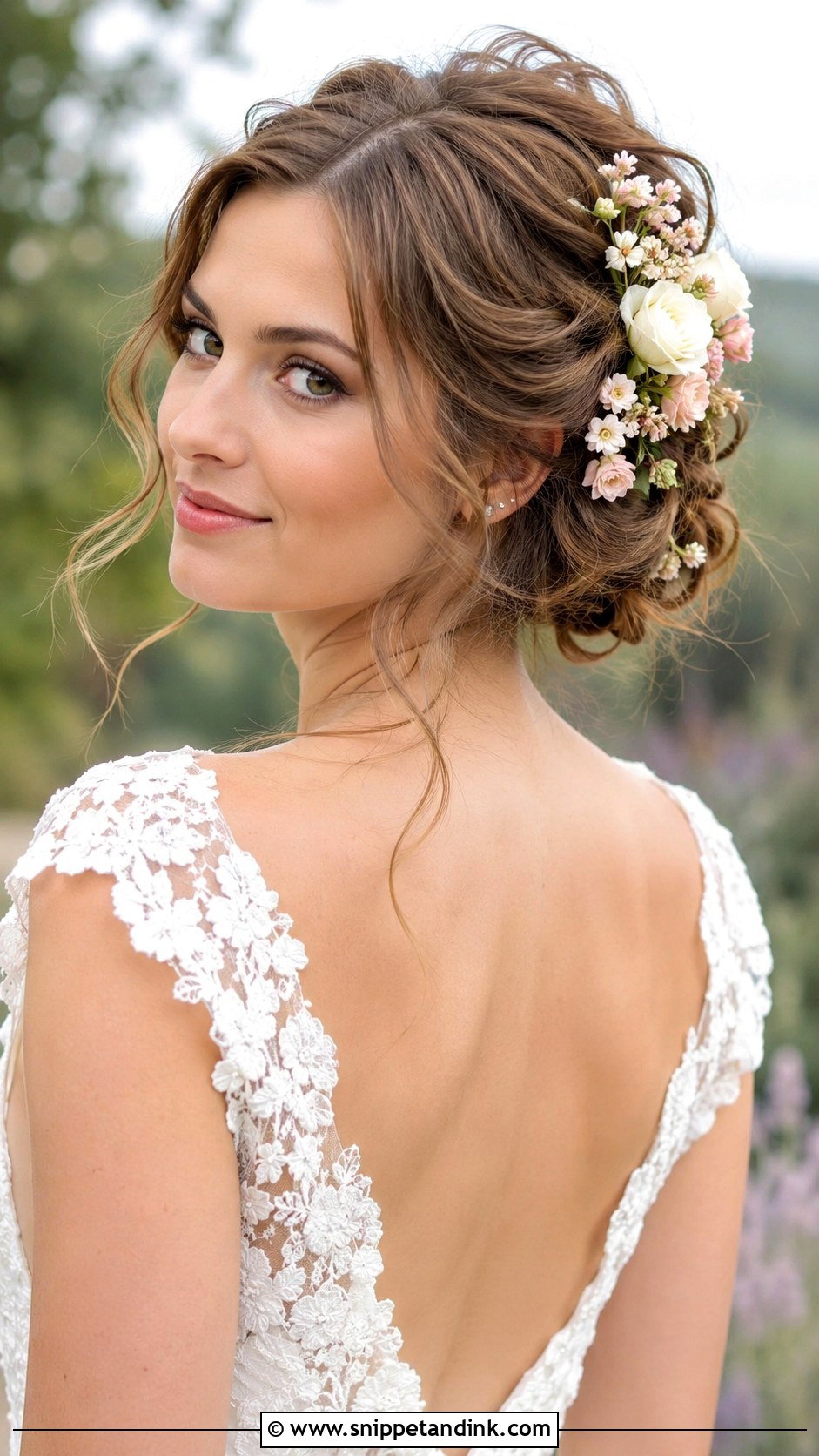 Side Swept Updo With Floral Accents - Snippet and Ink - 20 One Side Up Wedding Hair Ideas