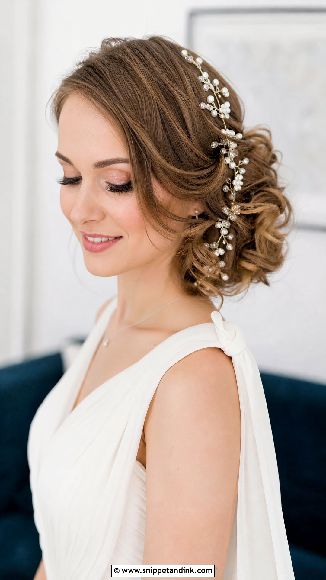 Side Swept Updo With Hair Vine - Snippet and Ink - 20 Bridal Updo with Headpiece Ideas