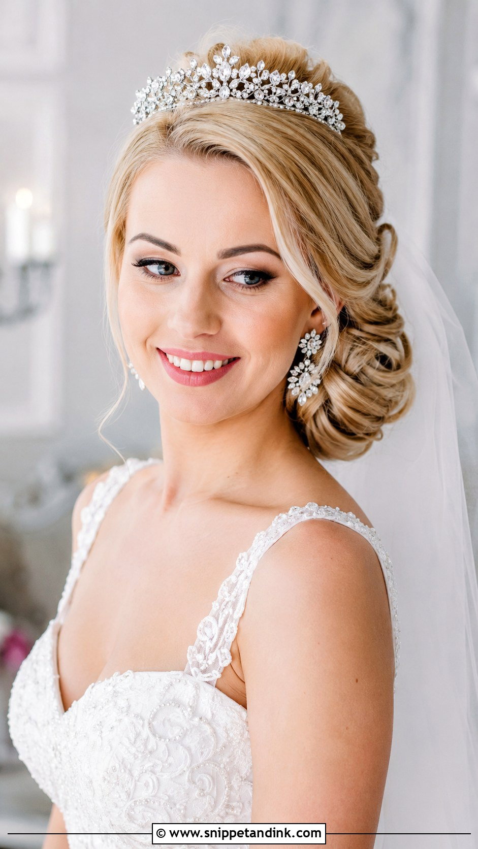 Side Swept Updo With Tiara - Snippet and Ink - 30 One Sided Wedding Hairstyle Ideas