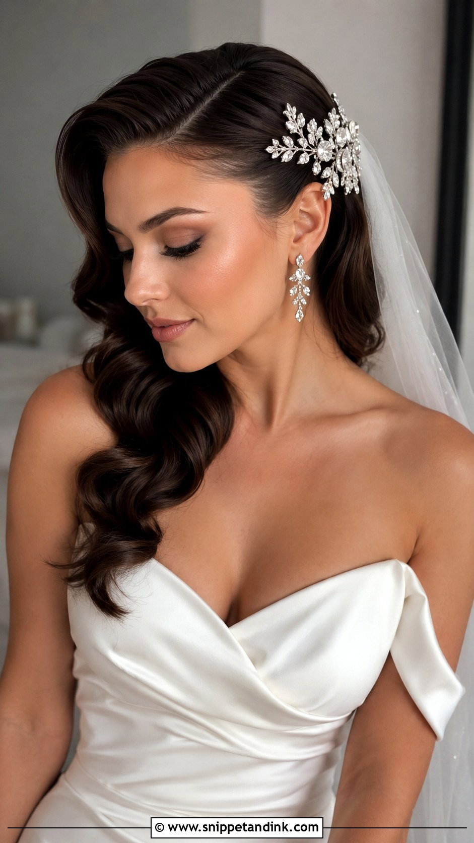 Side Swept Waves With Crystal Pin - Snippet and Ink - 25 One Side Pinned Back Wedding Hair Ideas