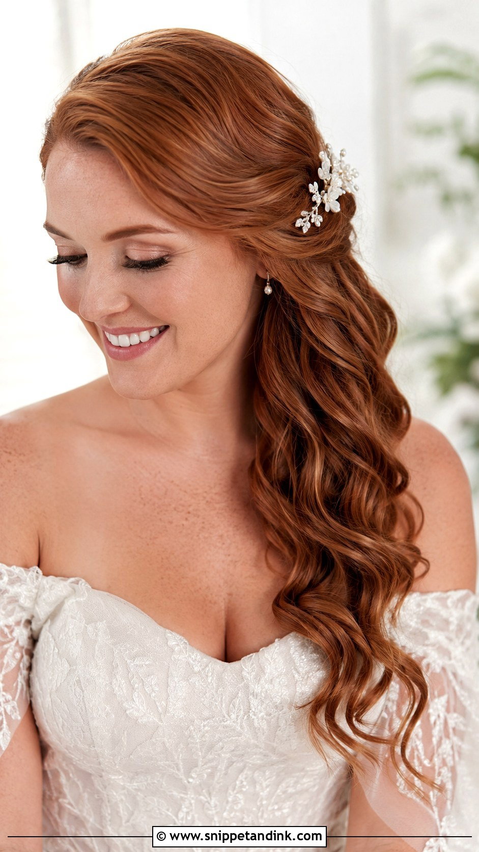 Side Swept Waves With Floral Pins - Snippet and Ink - 20 Open Bridal Hairstyle Ideas