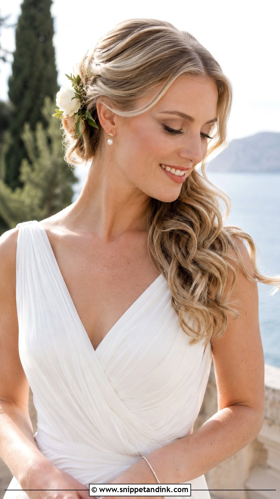 Side Swept Waves With Flowers - Snippet and Ink - 20 Mamma Mia Wedding Hair Ideas