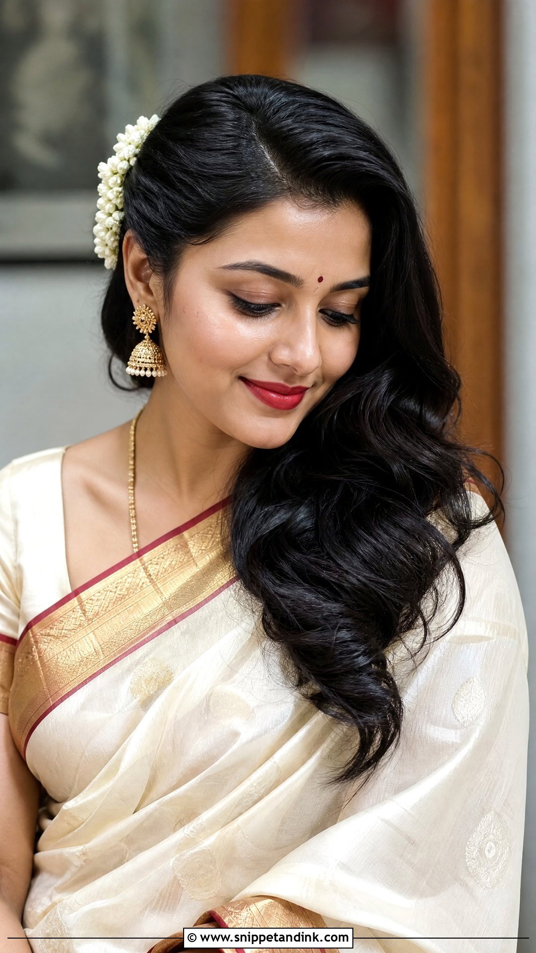 Side Swept Waves With Gajra - Snippet and Ink - 20 Indian Hairstyles for Wedding Guest