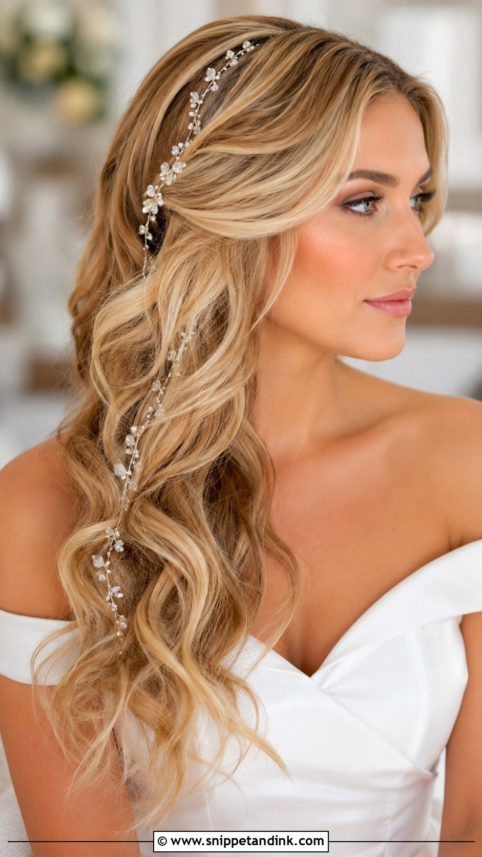 Side Swept Waves With Hair Vine - Snippet and Ink - 25 Boho Bride Hair Ideas