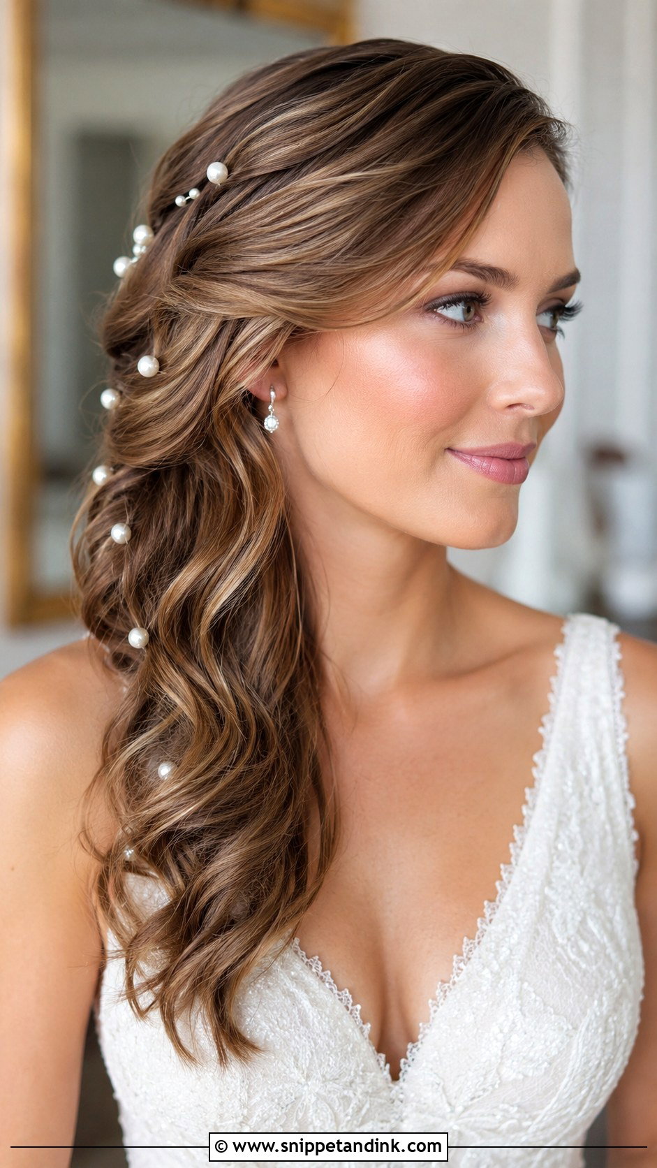 Side Swept Waves With Pearl Pins - Snippet and Ink - 30 Side Wedding Hairstyles