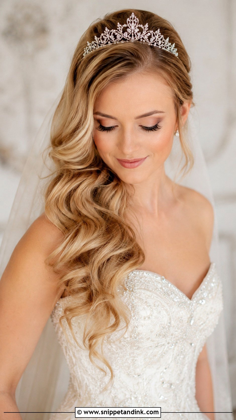 Side Swept Waves With Tiara - Snippet and Ink - 20 Side Bridal Hairstyles