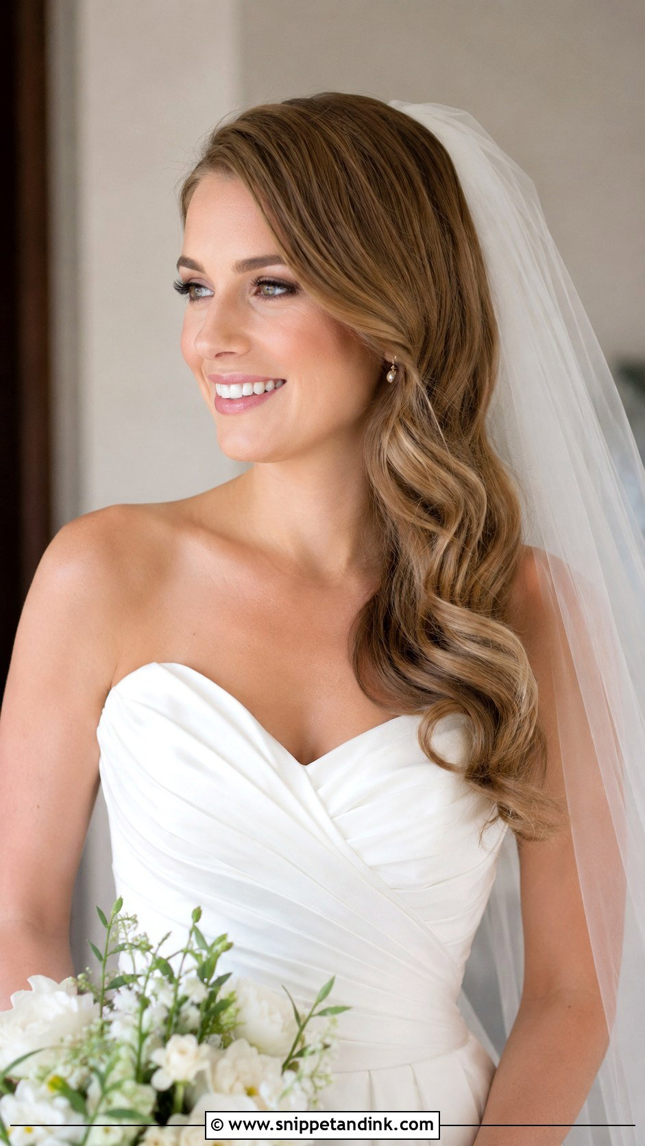 Side Swept Waves With Veil - Snippet and Ink - 30 One Sided Wedding Hairstyle Ideas