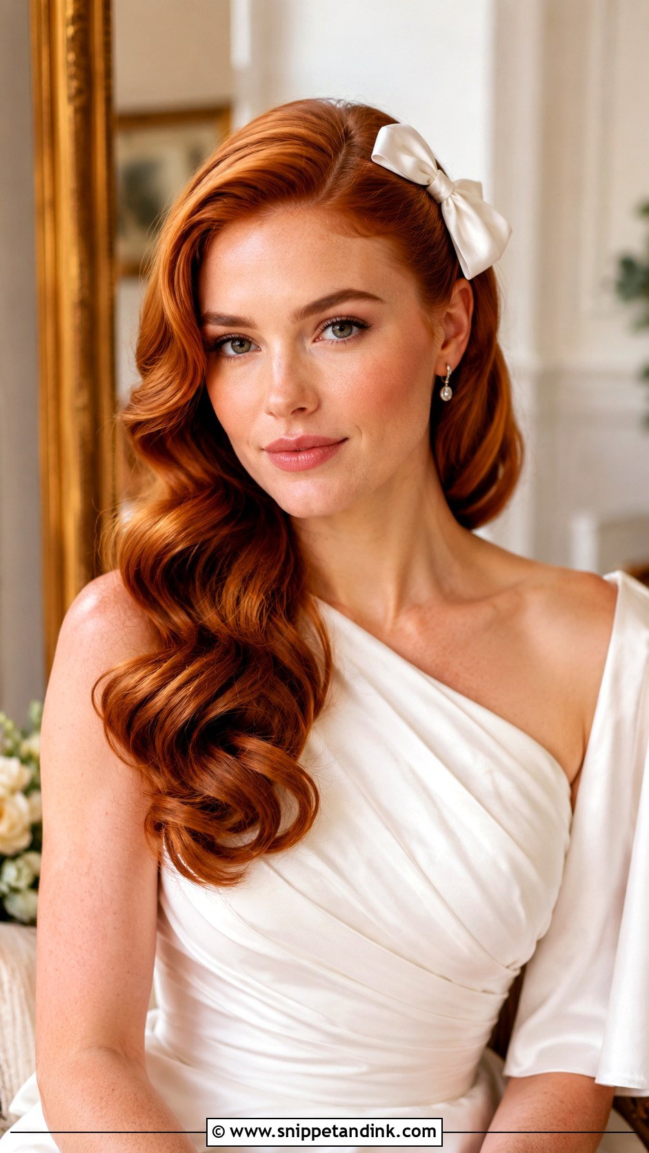 Side Swept Waves With a Bow - Snippet and Ink - 20 Wedding Hair with Bow Ideas