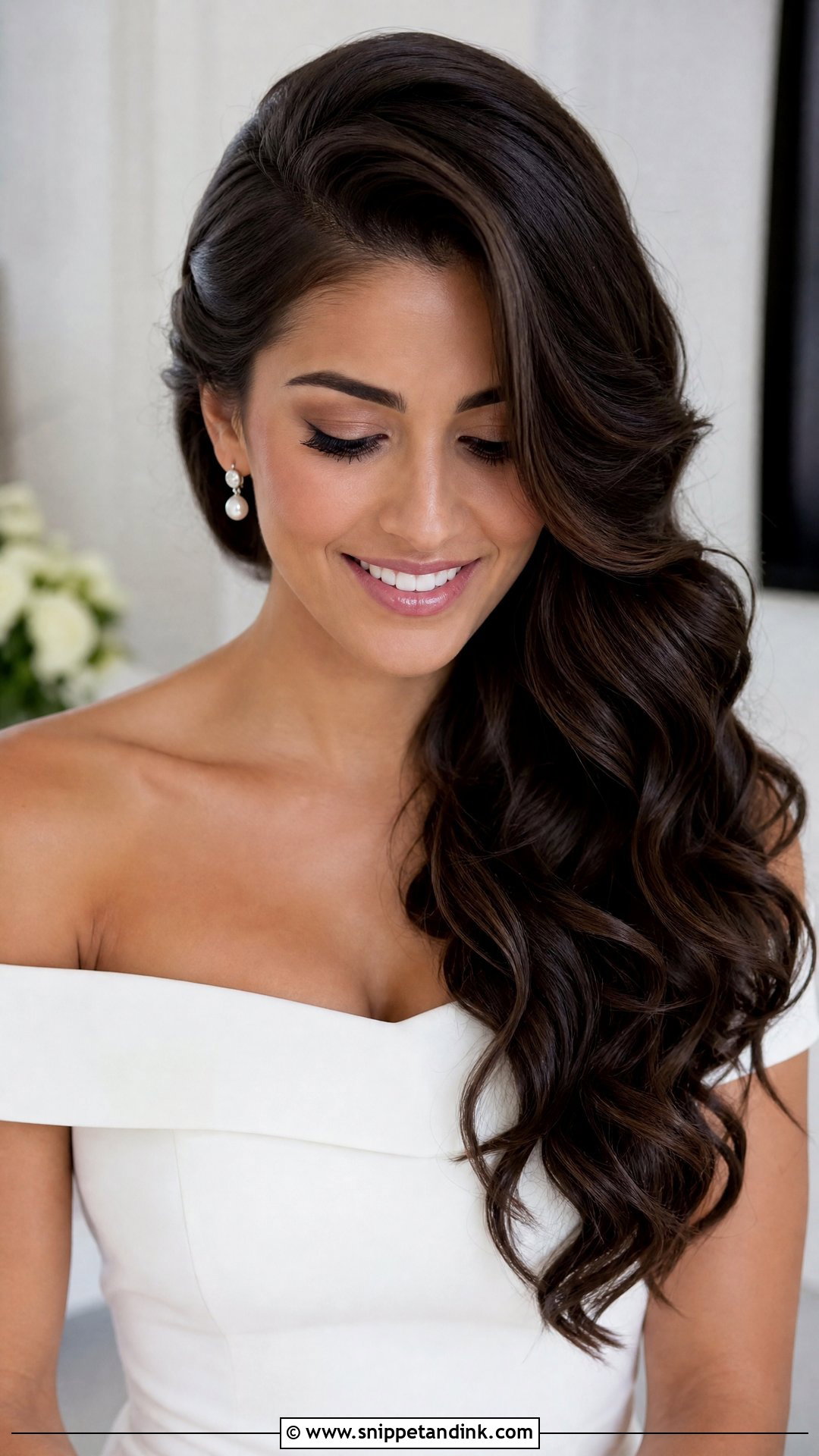 Side Swept Wedding Hairstyle For Off Shoulder Dress - Snippet and Ink - 20 Wedding Hairstyles for Long Hair Off Shoulder Dress