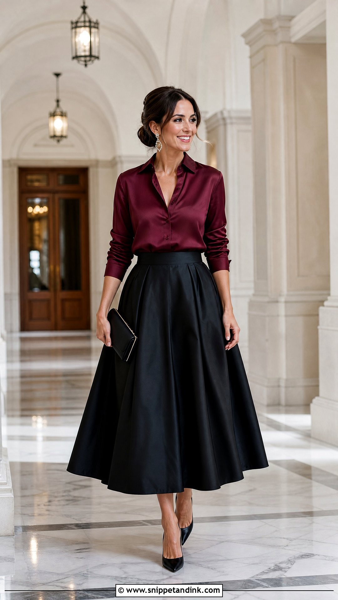 Silk Button Down With Full Skirt Wedding Outfit - Snippet and Ink - 20 dressy tops for a wedding outfit ideas