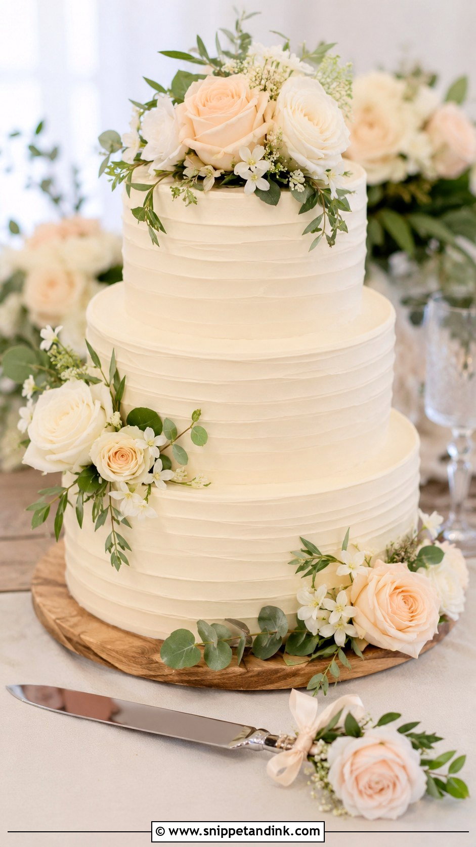 Silk Flower Wedding Cake Knife With Garden Cake - Snippet and Ink - 30 Wedding Cake Knife Decoration Ideas