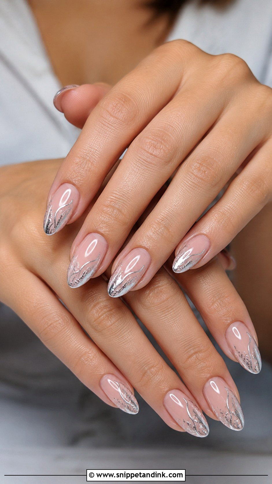 Silver Accent Almond Wedding Nails - Snippet and Ink - 20 Almond Wedding Nail Inspo for Bride Ideas