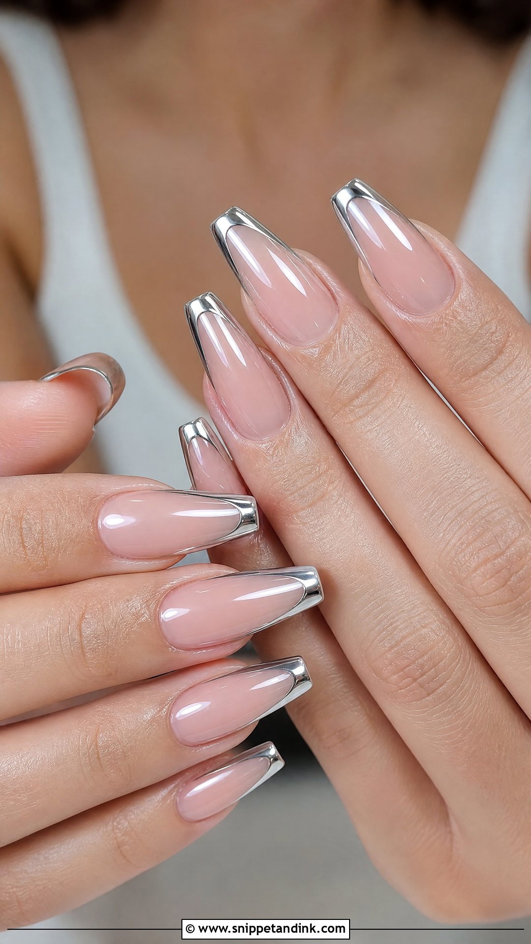 Silver Chrome French Coffin Engagement Nails - Snippet and Ink - 20 Coffin Engagement Nails