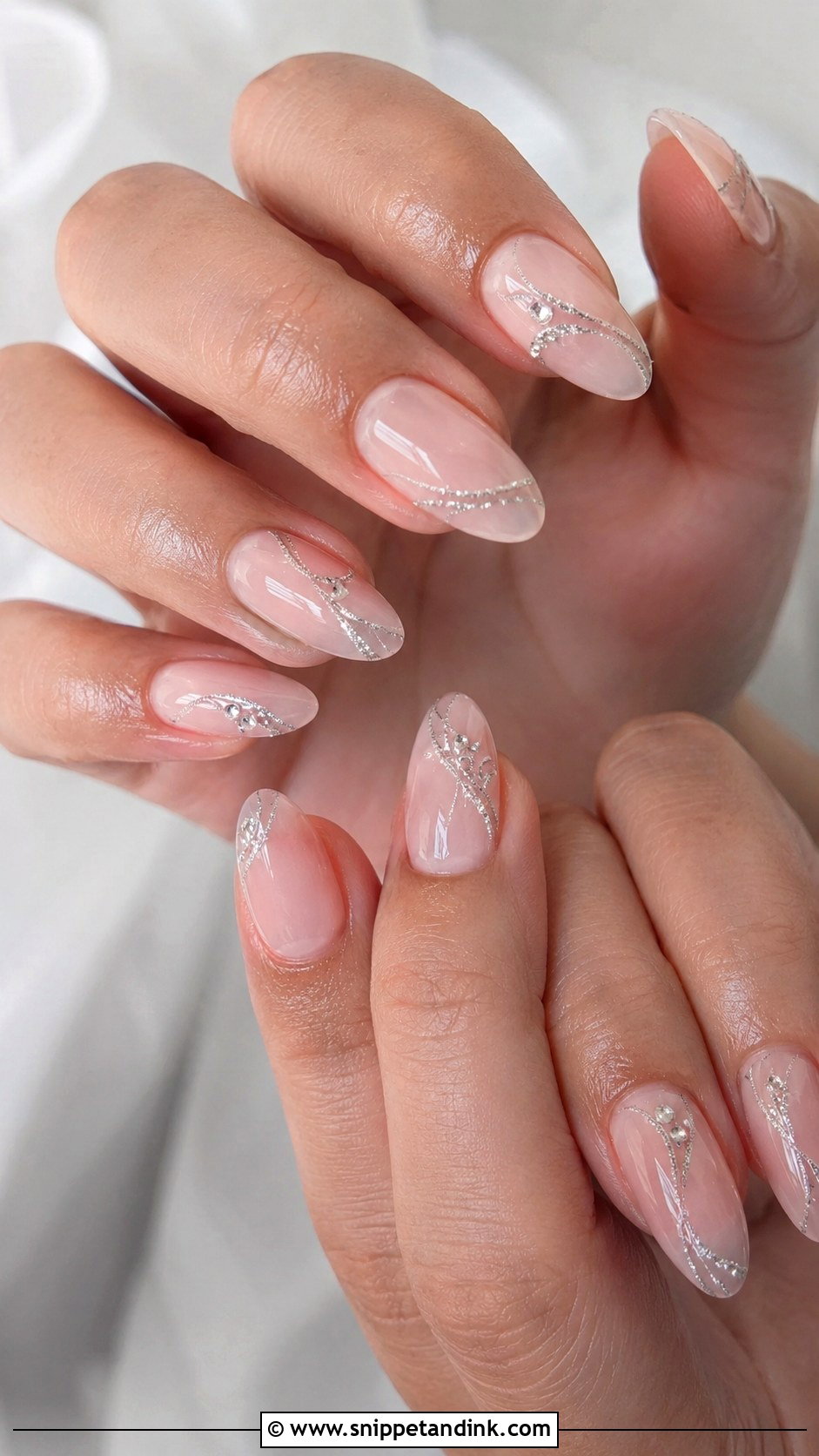 Silver Detail Acrylic Almond Wedding Nails - Snippet and Ink - 20 Acrylic Almond Wedding Nails for Bride