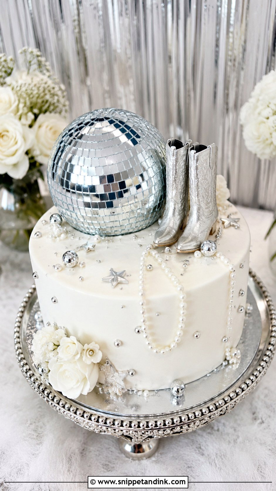 Silver Disco Ball Cake - Snippet and Ink - 25 Disco Cowgirl Bachelorette Cake Ideas for Wedding