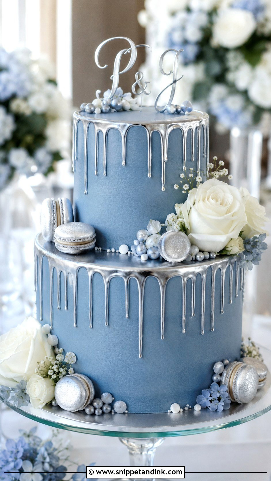 Silver Drip Blue Wedding Cake - Snippet and Ink - 20 Silver and Blue Cake Ideas for Wedding