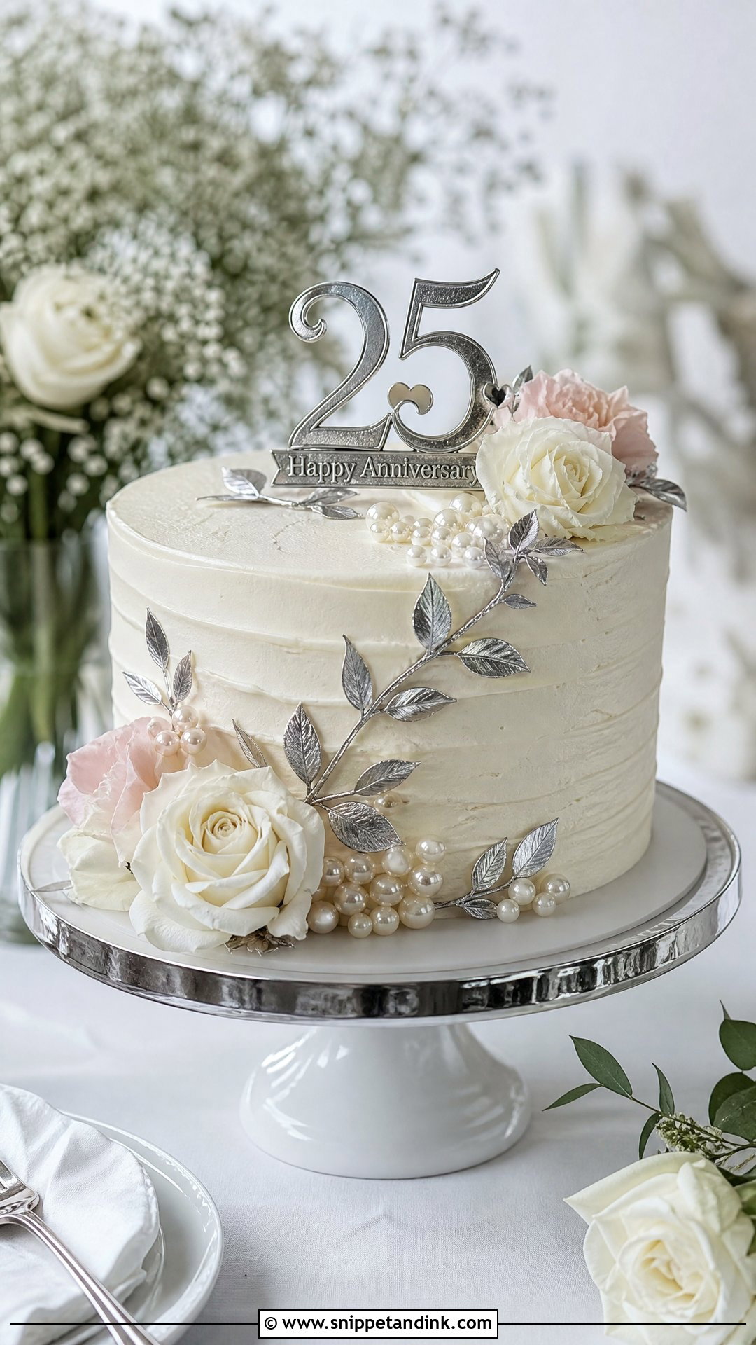 Silver Floral Anniversary Cake - Snippet and Ink - 25 Silver Wedding Anniversary Cake Ideas