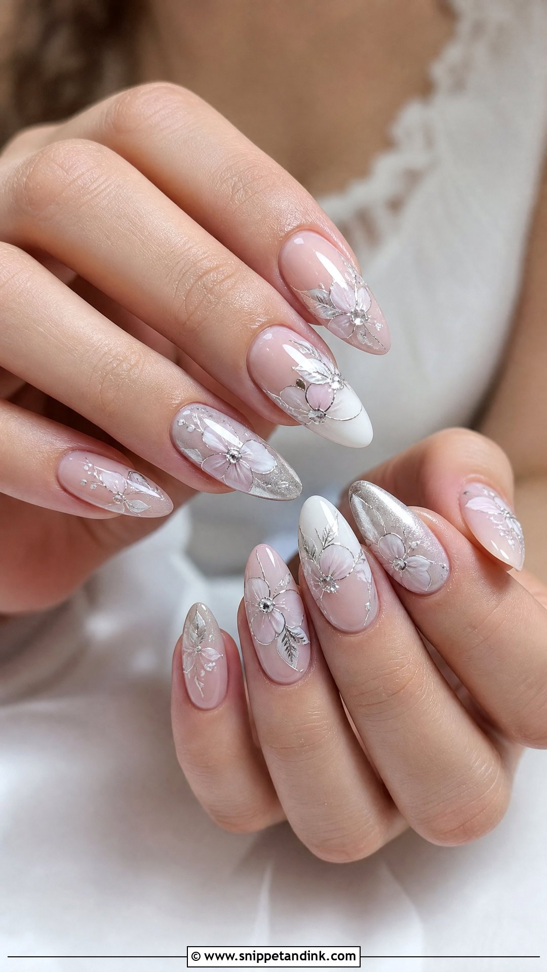 Silver Floral Wedding Nails - Snippet and Ink - 25 Floral Wedding Nails