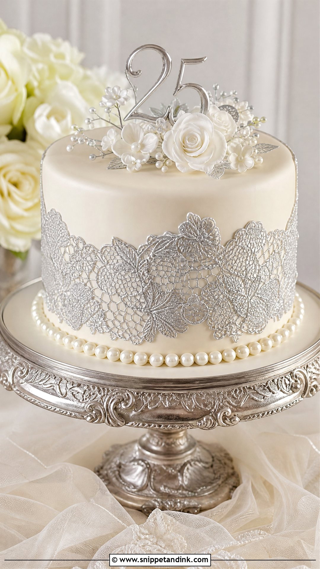 Silver Lace Anniversary Cake - Snippet and Ink - 25 Silver Wedding Anniversary Cake Ideas
