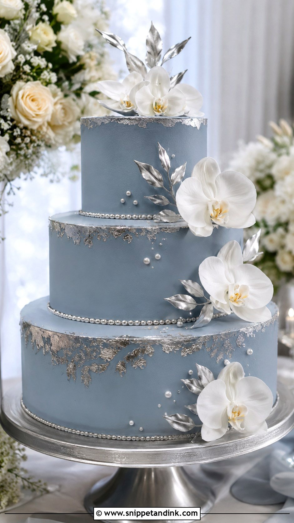 Silver Leaf Blue Wedding Cake - Snippet and Ink - 20 Silver and Blue Cake Ideas for Wedding