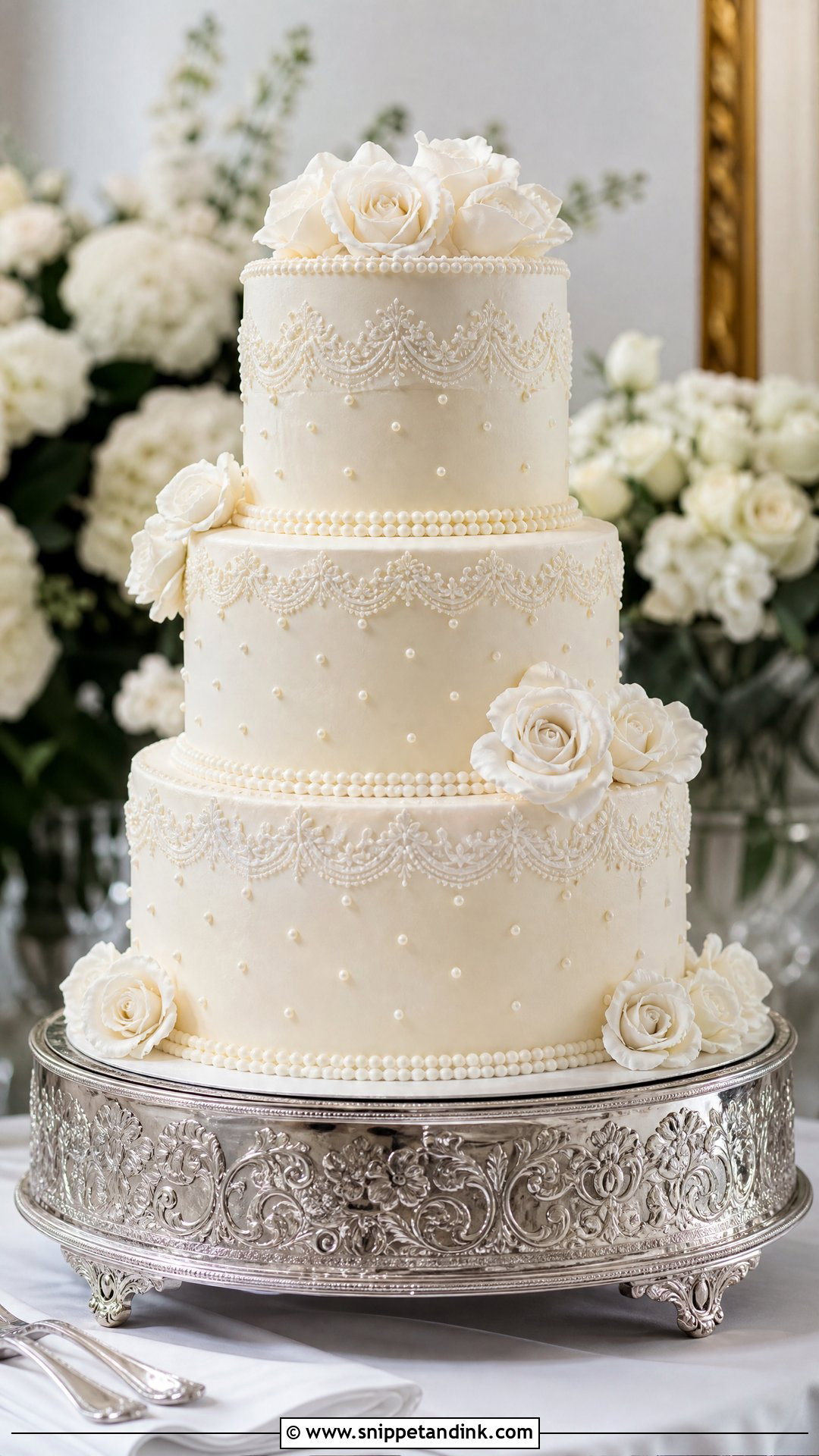 Silver Stand Wedding Cake - Snippet and Ink - 20 Old Money Cake Ideas for Wedding