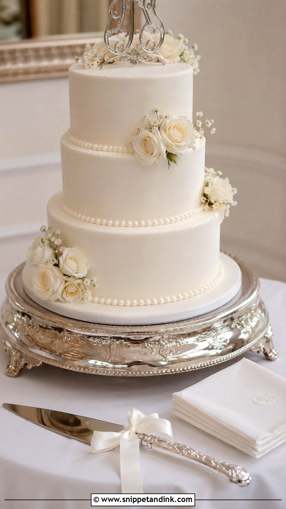 Silver Wedding Cake Knife With Classic Wedding Cake - Snippet and Ink - 30 Wedding Cake Knife Decoration Ideas