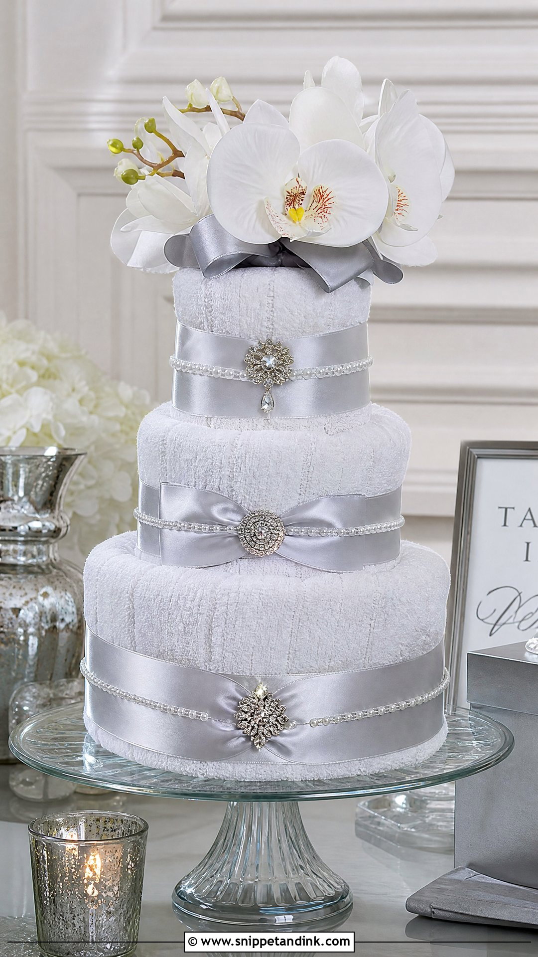 Silver Wedding Towel Cake - Snippet and Ink - 20 Towel Cakes for Wedding