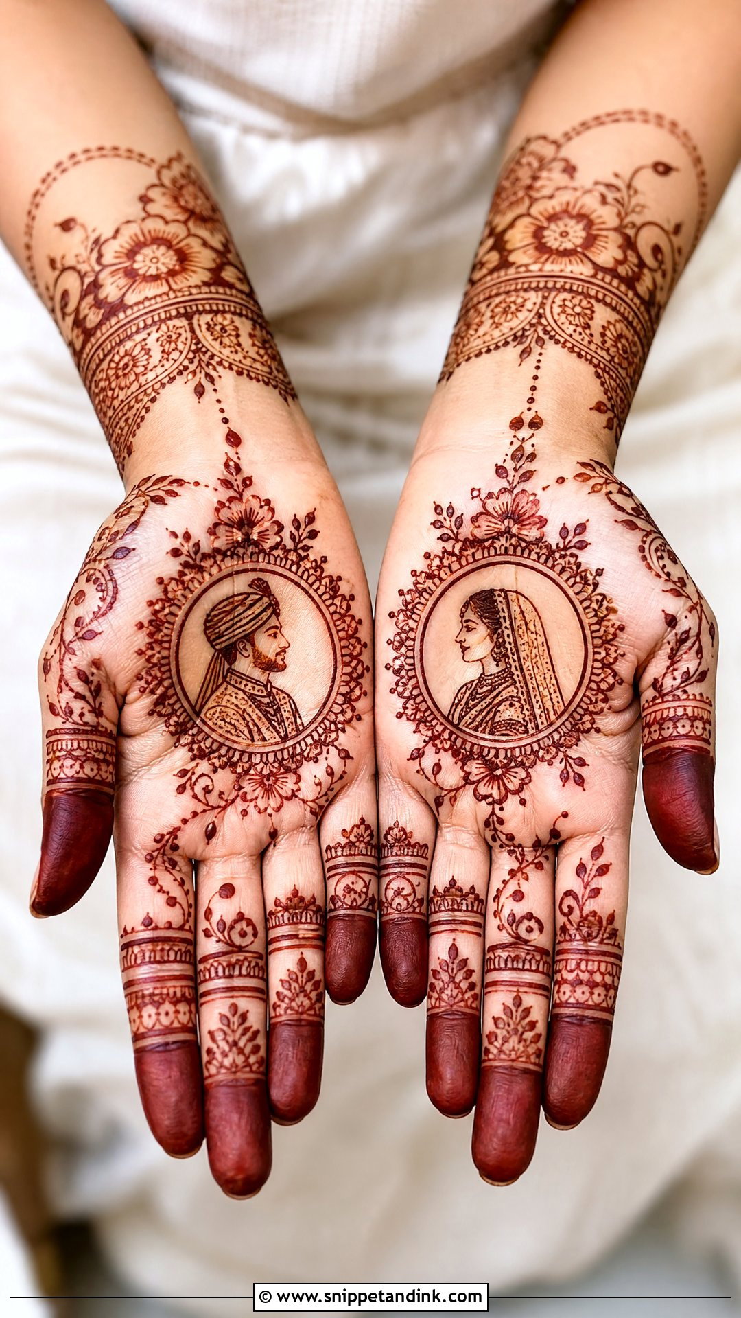 Simple Bridal Mehndi Design With Bride And Groom - Snippet and Ink - 30 Simple Bridal Mehndi Designs