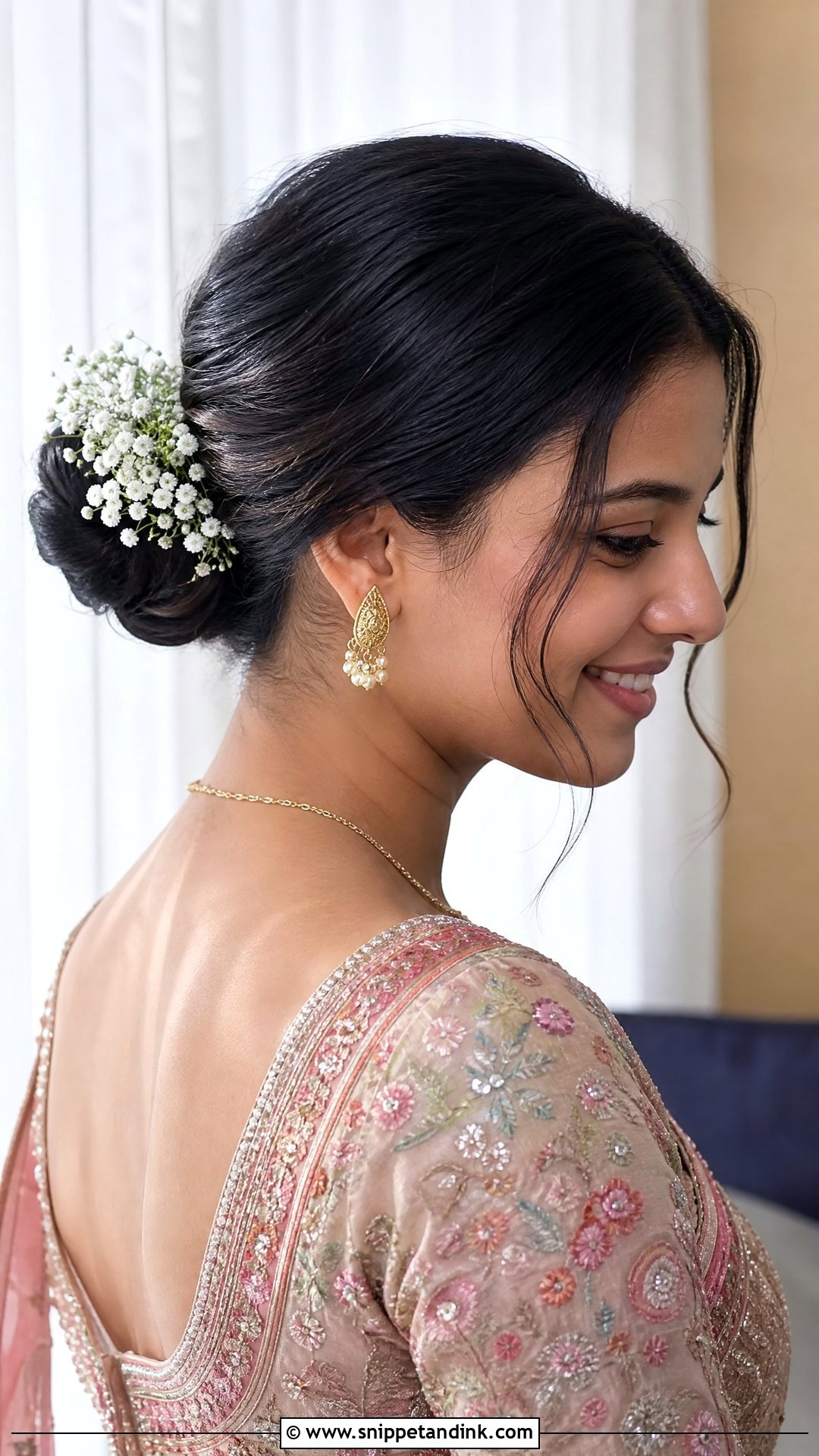 Simple Bun With Flowers For Marriage - Snippet and Ink - 20 Simple Hairstyle for Marriage Ideas