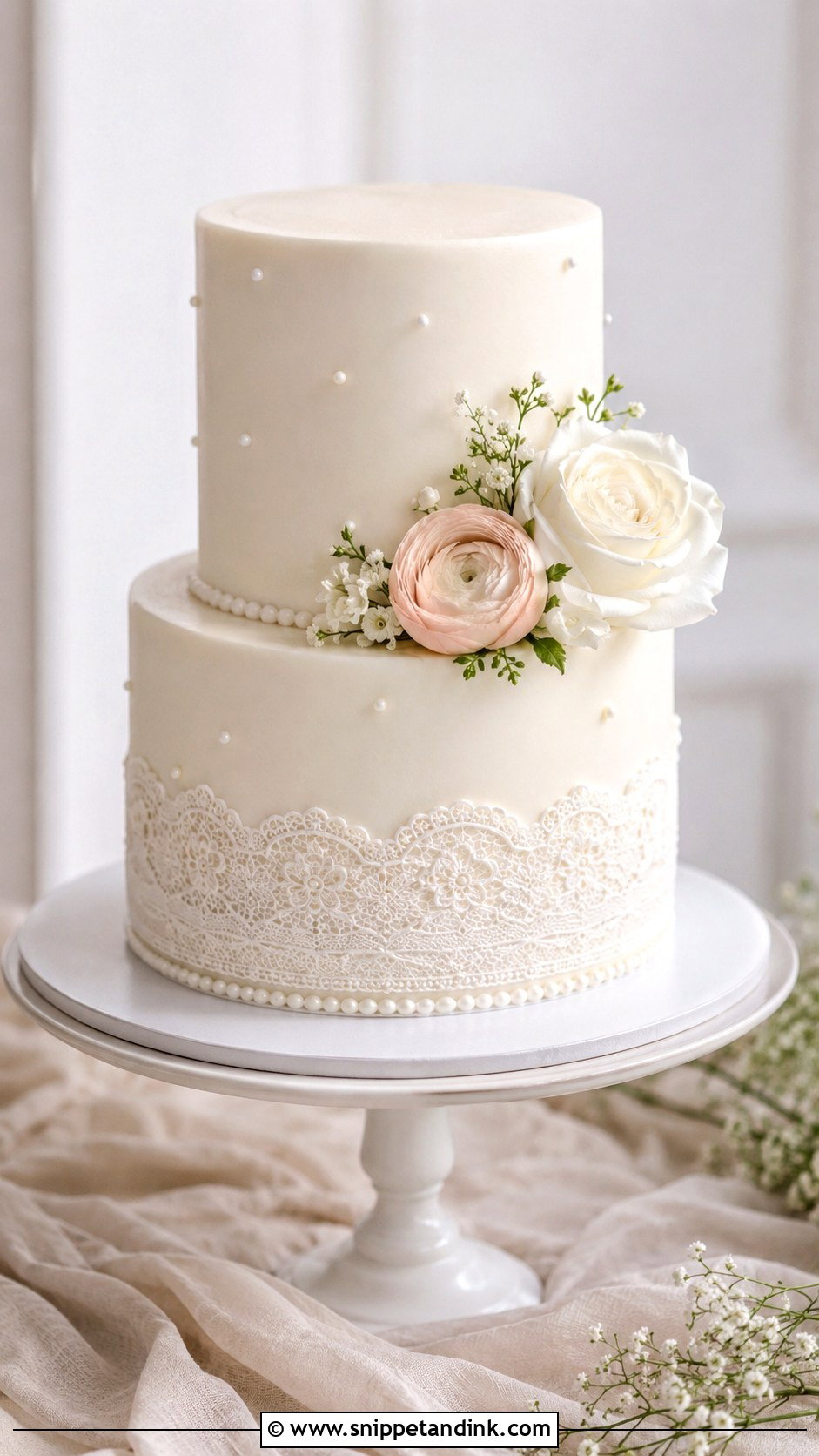Simple Lace Wedding Cake With Flowers - Snippet and Ink - 25 Lace Wedding Cake Ideas with Flowers