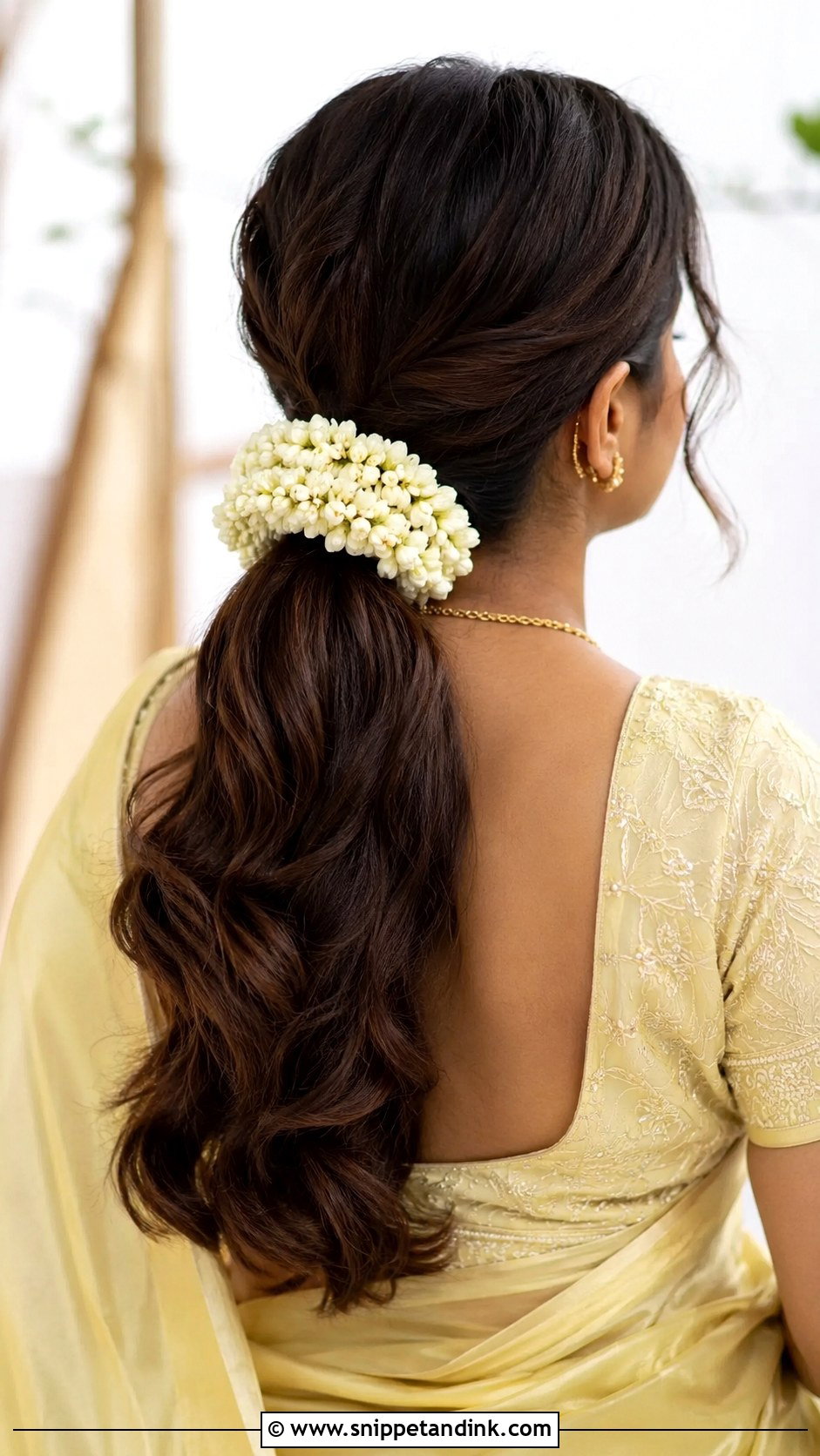 Simple Ponytail With Jasmine Wrap - Snippet and Ink - 20 South Indian Bride Hairstyle with Jasmine Flowers