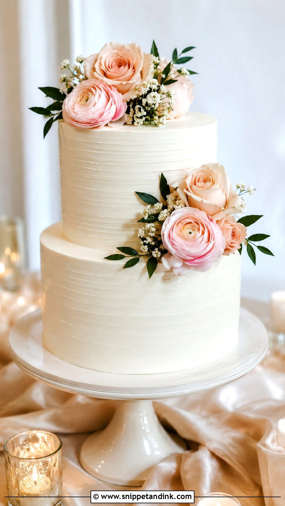 Simple Two Tier Wedding Cake With Blush Flowers - Snippet and Ink - 30 Simple Two Tiered Wedding Cakes