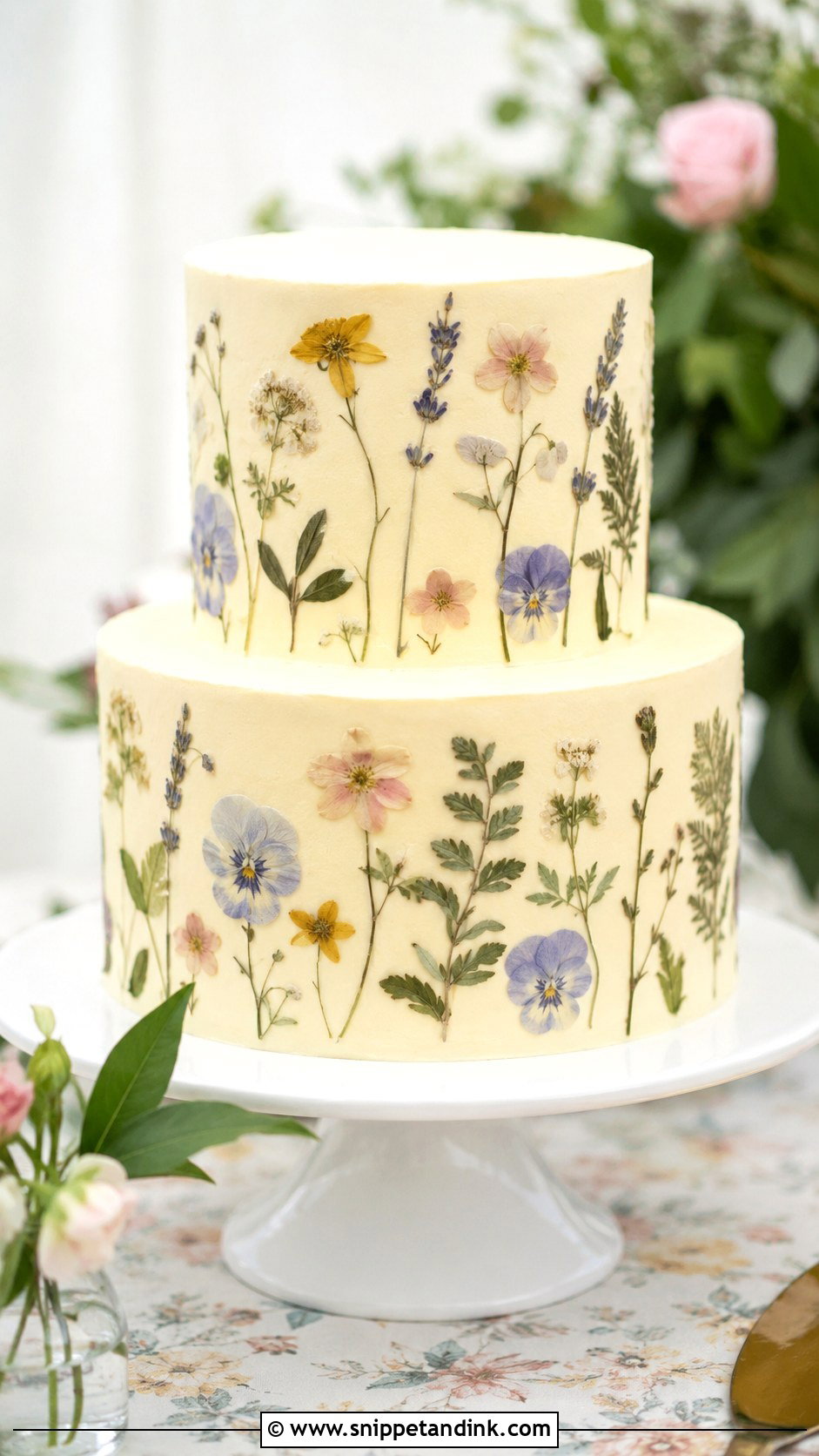 Simple Two Tier Wedding Cake With Pressed Flowers - Snippet and Ink - 30 Simple Two Tiered Wedding Cakes