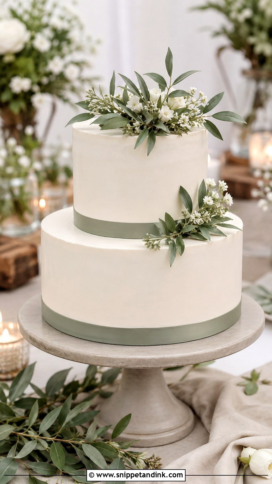 Simple Two Tier Wedding Cake With Sage Green Details - Snippet and Ink - 30 Simple Two Tiered Wedding Cakes