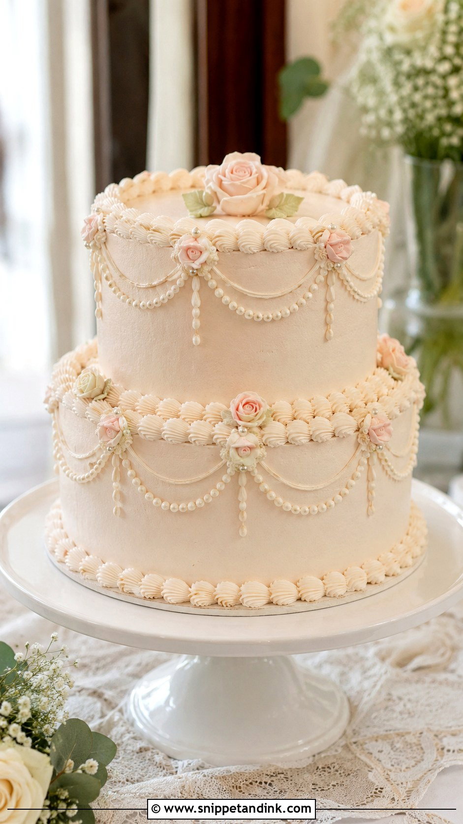 Simple Two Tier Wedding Cake With Vintage Piping - Snippet and Ink - 30 Simple Two Tiered Wedding Cakes