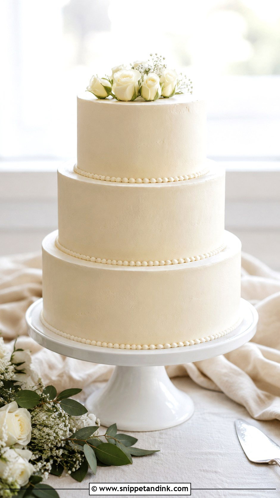 Simple White 3 Tier Buttercream Wedding Cake - Snippet and Ink - 25 Simple White 3 Tier Wedding Cake Ideas