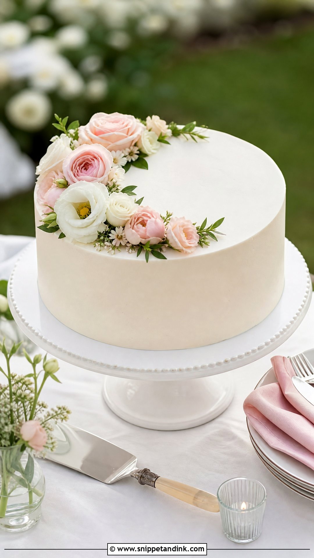 Single Layer Wedding Cake With Fresh Flowers - Snippet and Ink - 20 Single Layer Wedding Cake Ideas