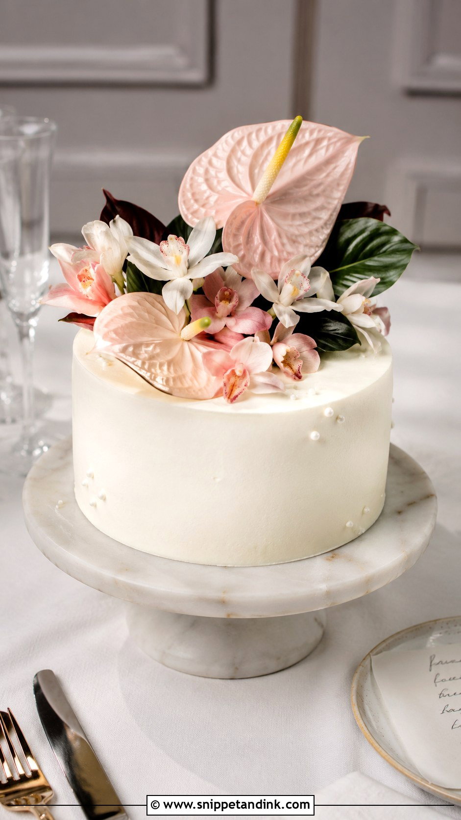 Single Tier Anthurium Wedding Cake - Snippet and Ink - 20 Anthurium Wedding Cake Ideas