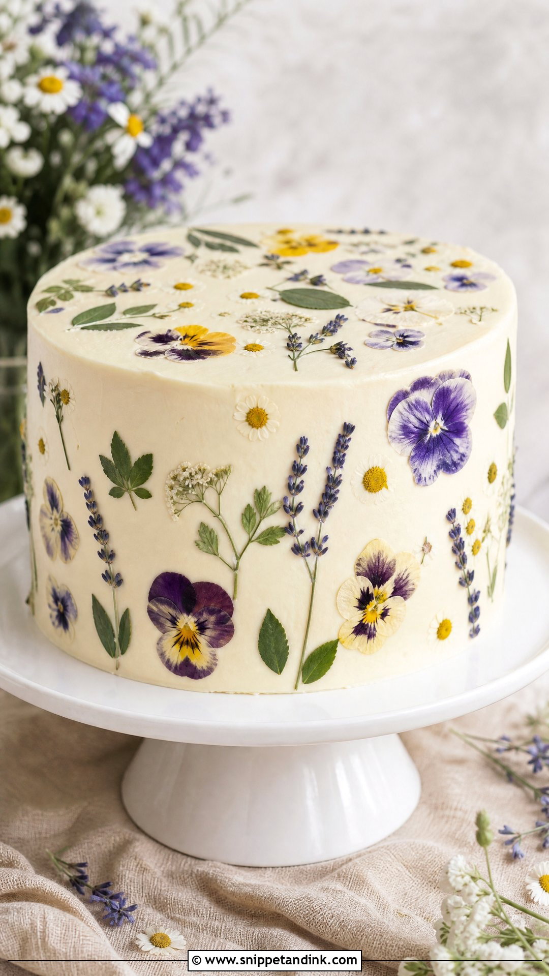 Single Tier Pressed Flower Wedding Cake - Snippet and Ink - 20 Single Tier Wedding Cake Ideas